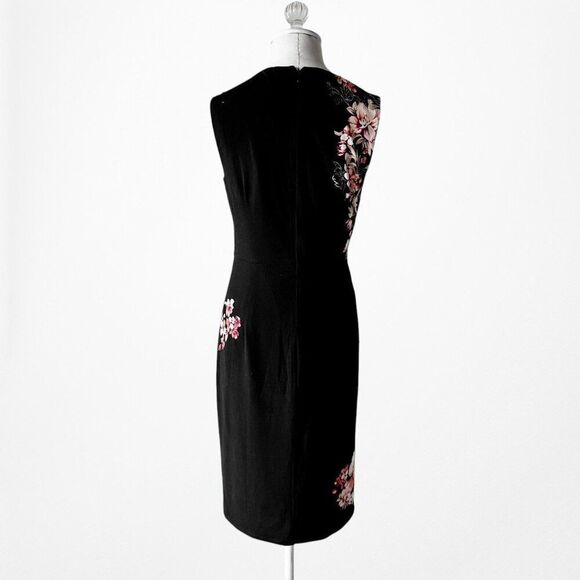 Vintage Y2K Black Knit Floral Print Knee Length Bodycon Cocktail Dress Size M - Picture 4 of 6